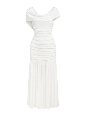 Midsize White Scoop Neck Midi Bridal Elopement Dress with Drop Waist